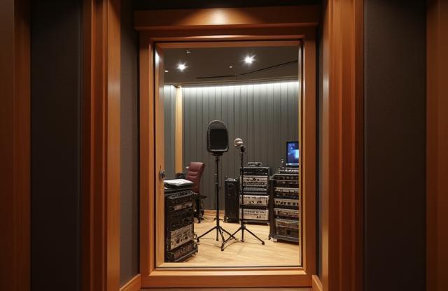 Interior do estúdio de gravação do Studio Harmonia Visual, mostrando a cabine de gravação