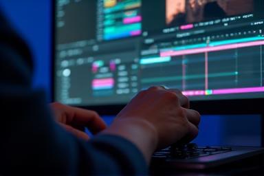 Editor de vídeo ajustando a correção de cor em um software de edição