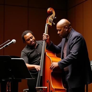 Foto de um trio de jazz se apresentando durante uma live session no estúdio