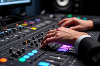 Console de mixagem de som com engenheiro ajustando níveis