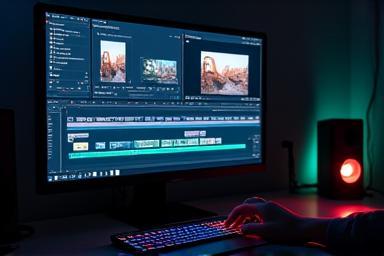 Tela de monitor exibindo software de edição de vídeo com linha do tempo e previews