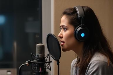 Ator de voz em cabine de gravação com fones de ouvido